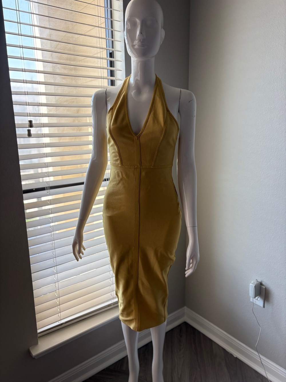 Mustard Bandage Midi Dress - Elegant V-Neck Women’s Dress